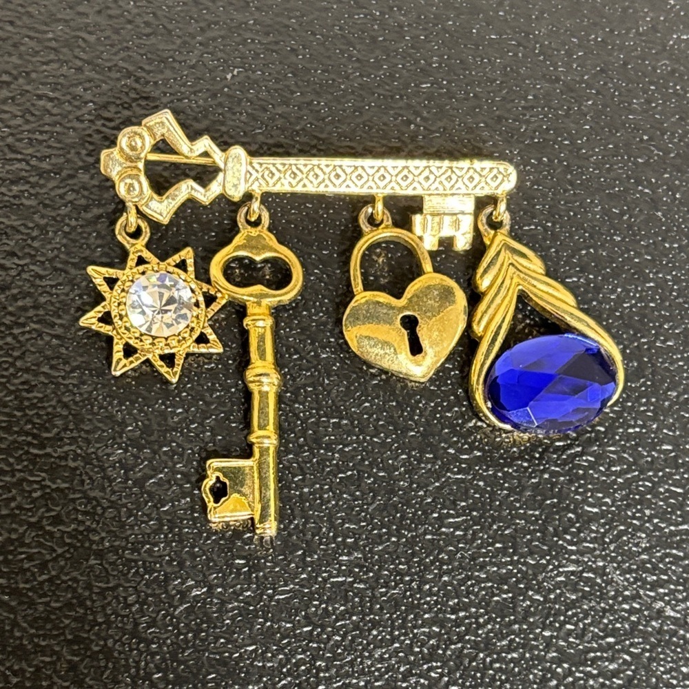 Avon Sun Key Heart Locket Rhinestone Charm Brooch